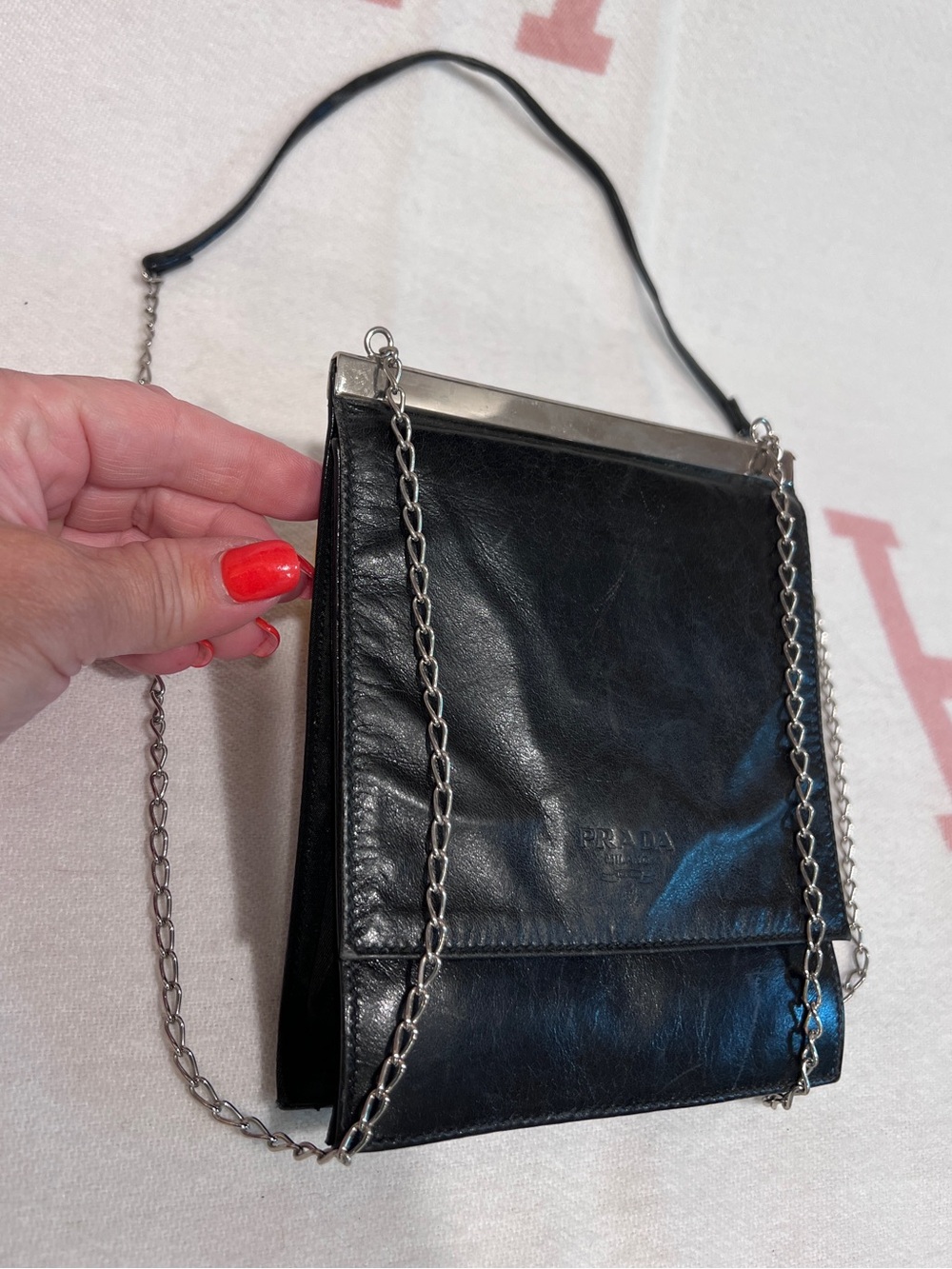 PRADA⭐️RARE VINTAGE Black Leather Chain-Strap Shoulder Bag!